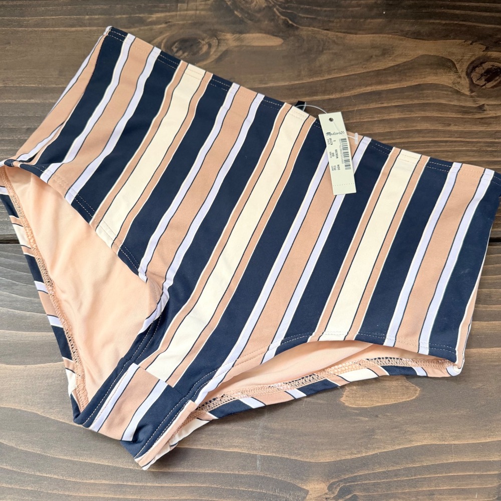 MADEWELL Bikini Bottom Navy Tan Striped High Waisted Women's Size Small NWT